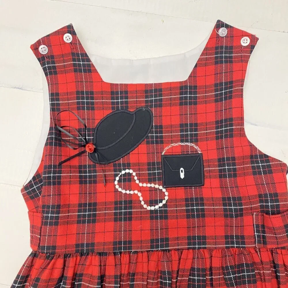 Bailey Boys Classic Heirloom Applique Dress Red Black Tartan Girls 6X Hat Purse
